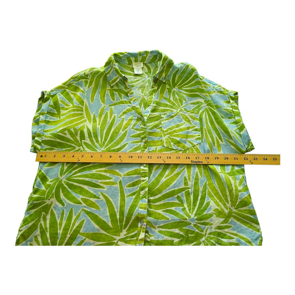 Sigrid Olsen Top Womens Size Medium Green/ Blue Palm Leaf 100% Linen Button Up - Picture 8 of 10